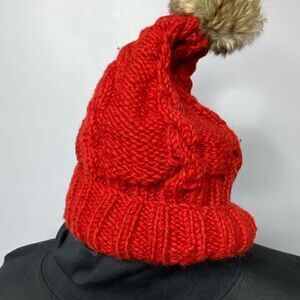 Nirvana Designs Handmade Nepal Red wool lined beanie with brown rabbit pompon